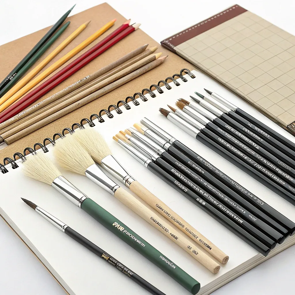 A set of drawing tools including pencils, brushes, and paper